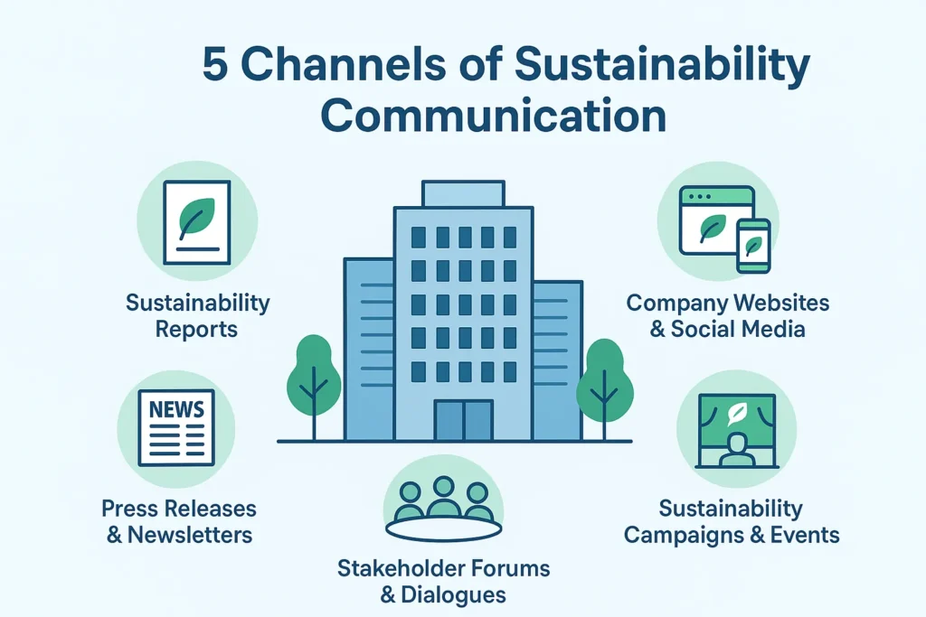 5 sustainability communication channels: sustainability reports, company websites & social media, press releases & newsletters, stakeholder forums & dialogues, and sustainability campaigns & events