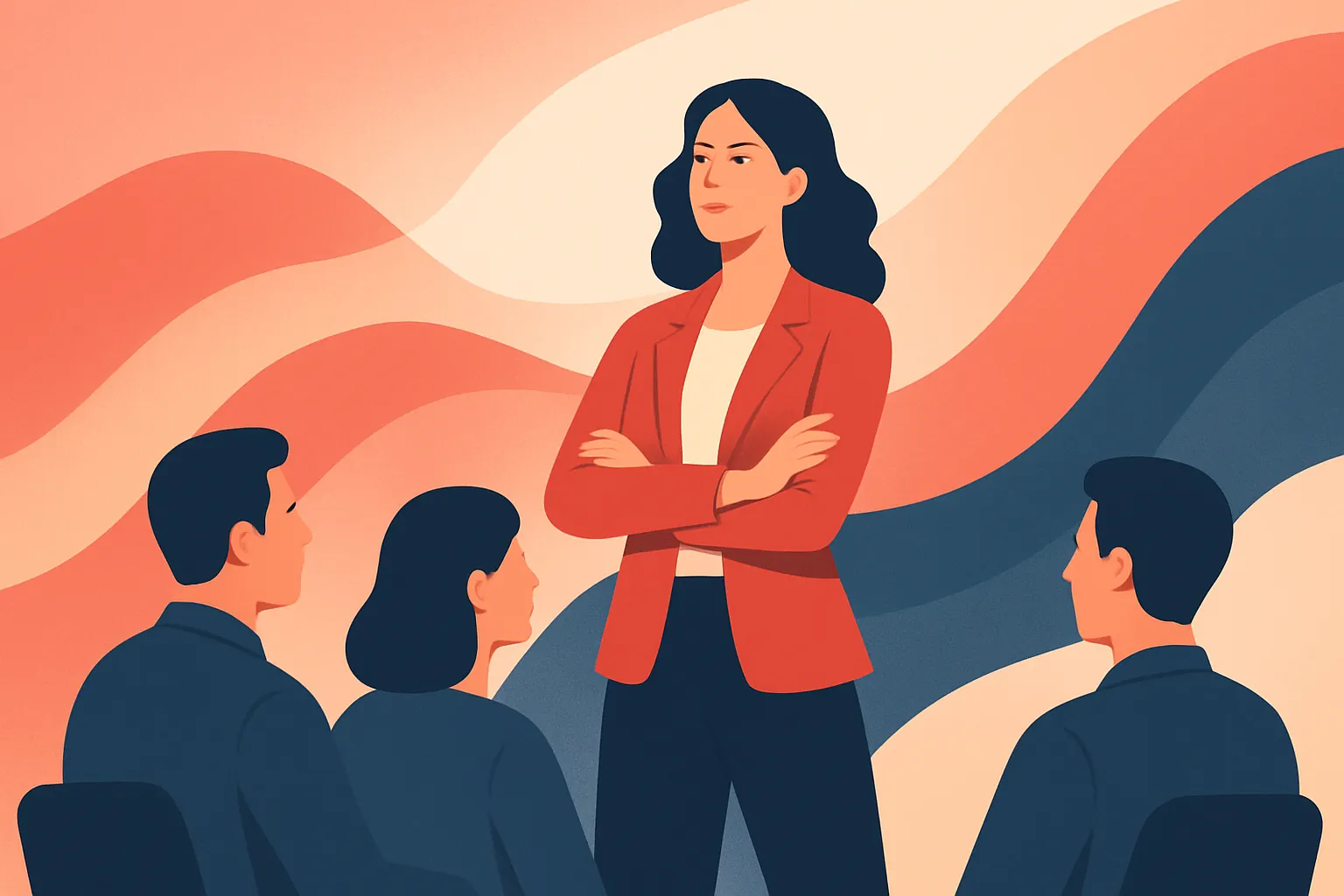 A strong female leader confidently leading her team, symbolizing adaptive and visionary leadership in a dynamic setting with red, navy blue, and beige hues in a modern flat design style.