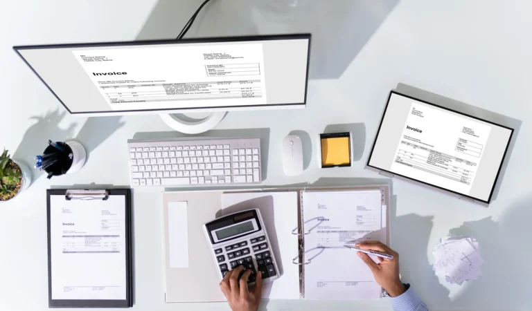 Tampilan meja kerja akuntan dengan komputer, tablet, kalkulator, dan dokumen fisik invoice. Seorang profesional sedang menghitung dan memeriksa invoice yang sama di layar monitor, tablet, serta dokumen cetak.