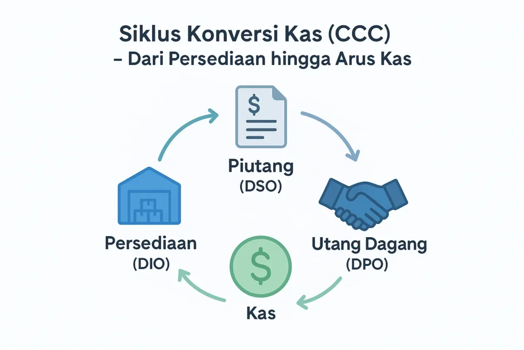 Infografis Cash Conversion Cycle (CCC) menampilkan hubungan antara persediaan, piutang, utang dagang, dan kas